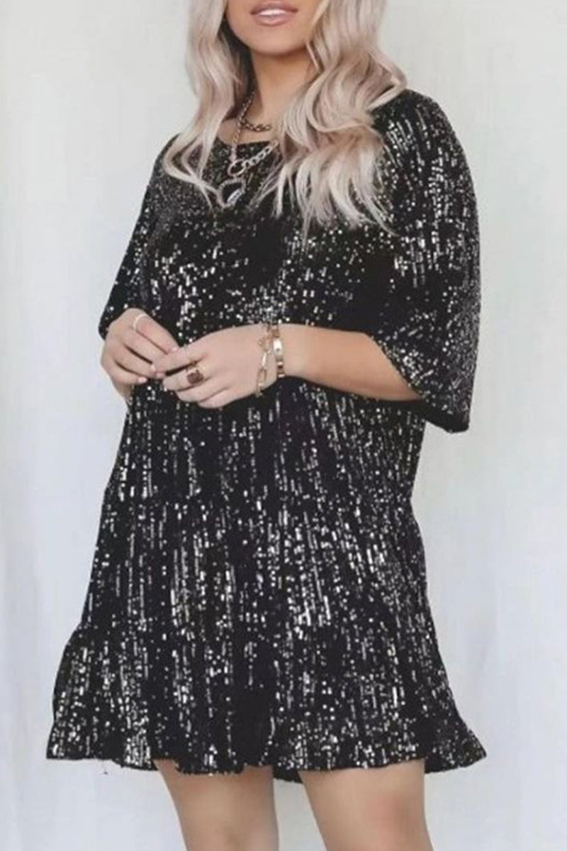 Casual Solid Sequins Sequined O Neck A Line Dresses(9 Colors)