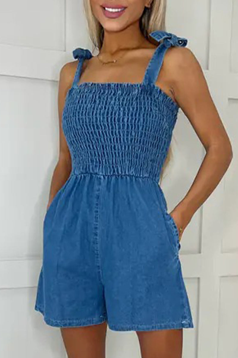 Casual Solid Pocket Square Collar Sleeveless Loose Denim Jumpsuits