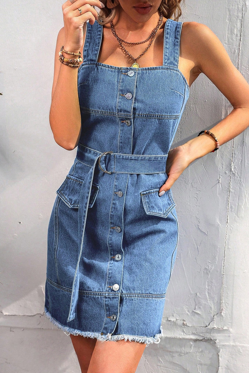 Casual Solid Buckle With Belt Square Collar Sleeveless Regular Denim Dresses