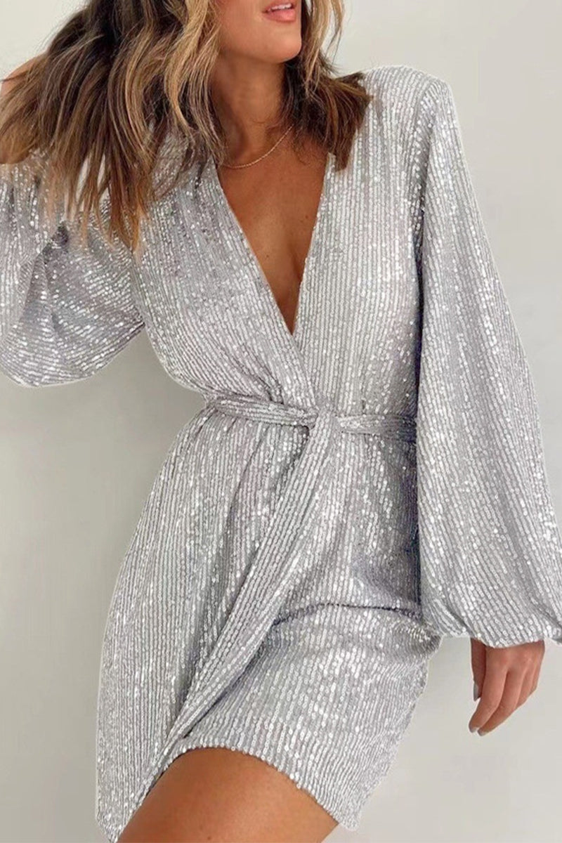 Solid Bandage Sequins V Neck Loose Rompers