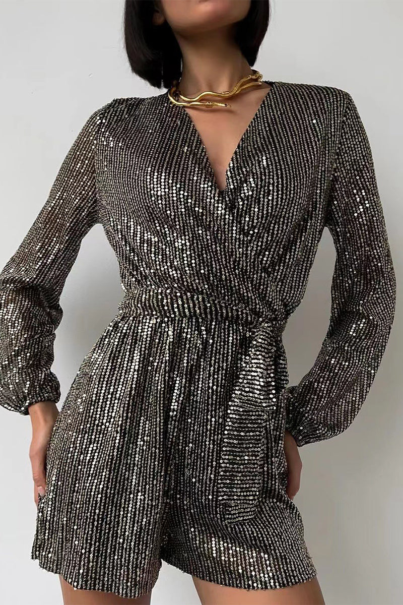 Solid Bandage Sequins V Neck Loose Rompers