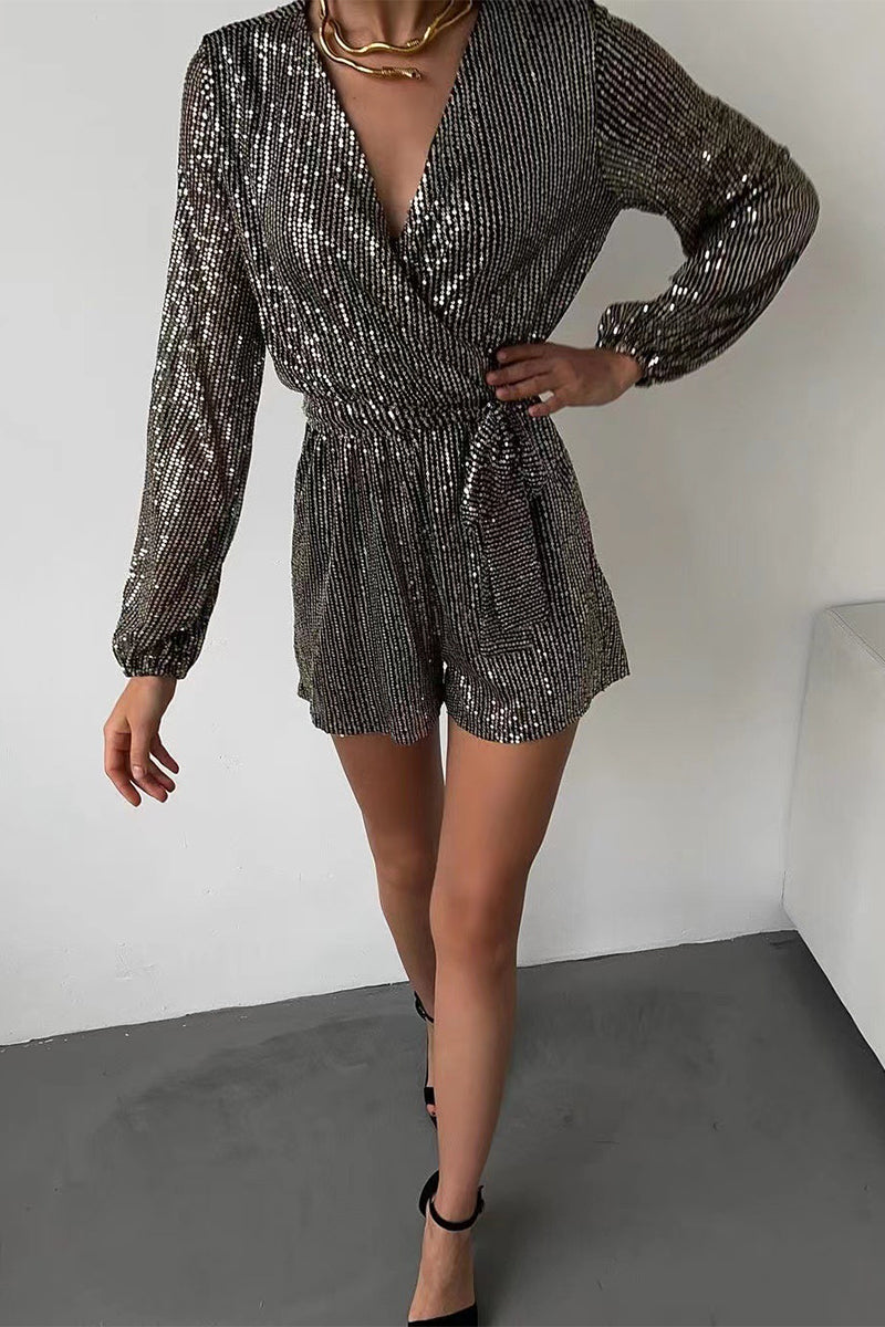 Solid Bandage Sequins V Neck Loose Rompers