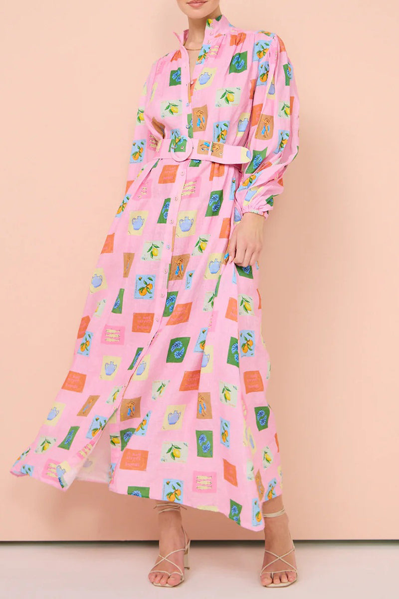 Casual Cartoon Print Pocket With Belt Half A Turtleneck Shirt Dress Dresses