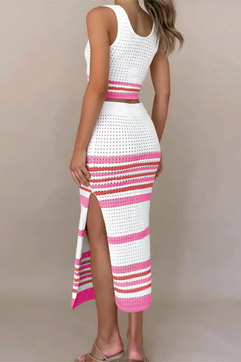 Sexy Striped Hollowed Out Weave Square Collar Sleeveless Two Pieces