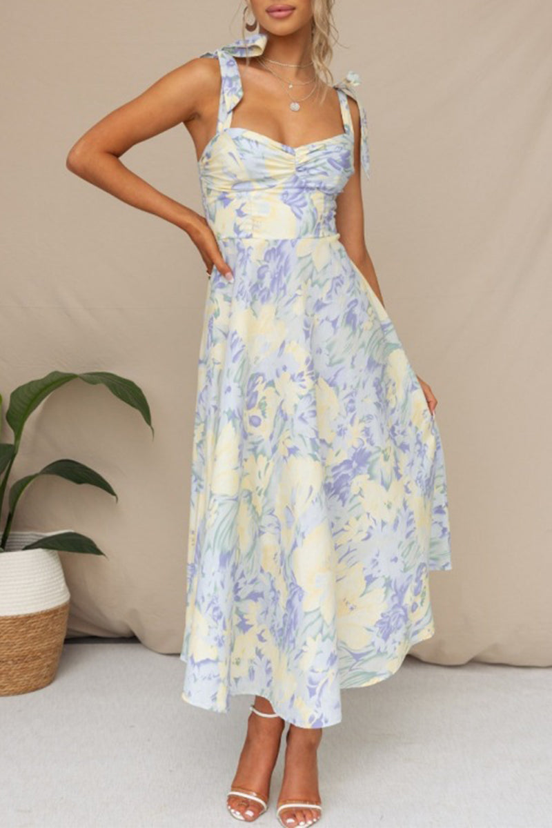 Sweet Elegant Print Flowers Fold V Neck Waist Skirt Dresses