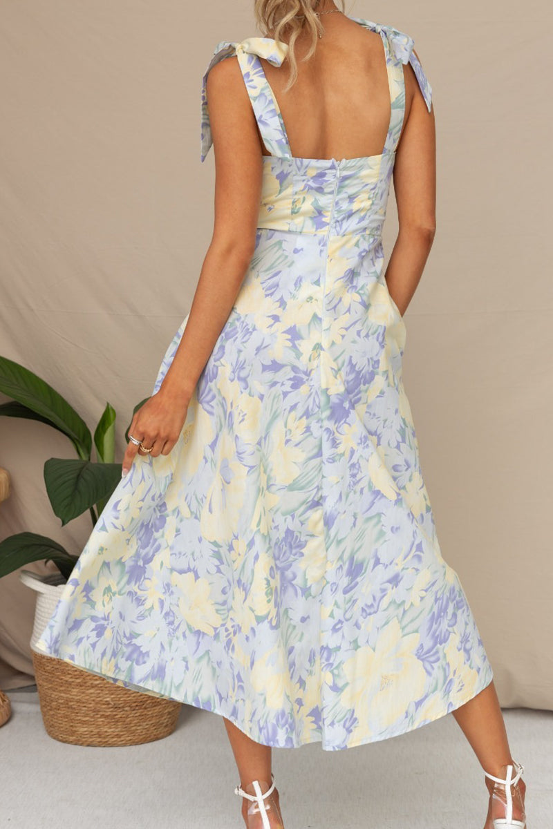 Sweet Elegant Print Flowers Fold V Neck Waist Skirt Dresses