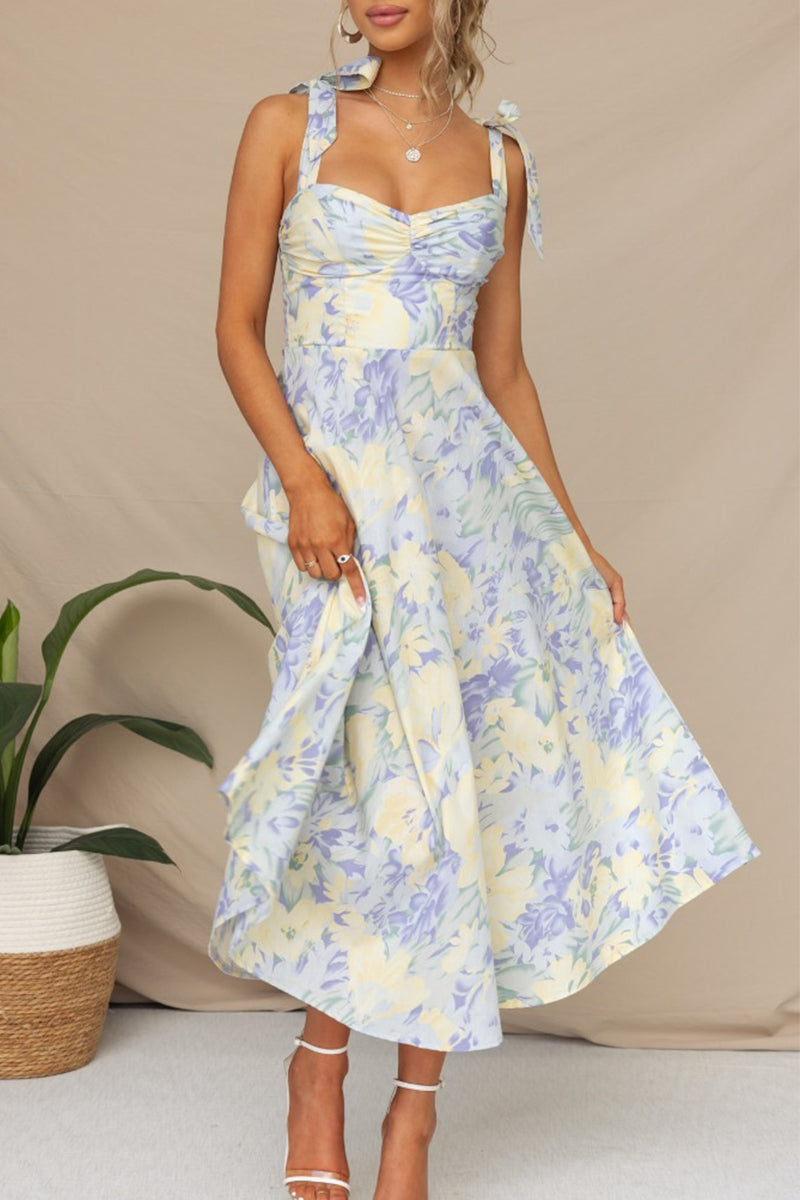 Sweet Elegant Print Flowers Fold V Neck Waist Skirt Dresses