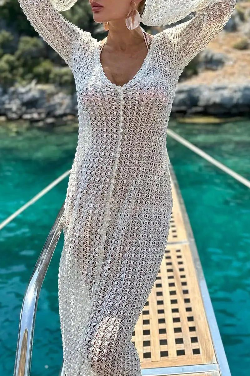 Sexy Vacation Solid Hollowed Out See-through Swimwears Cover Up