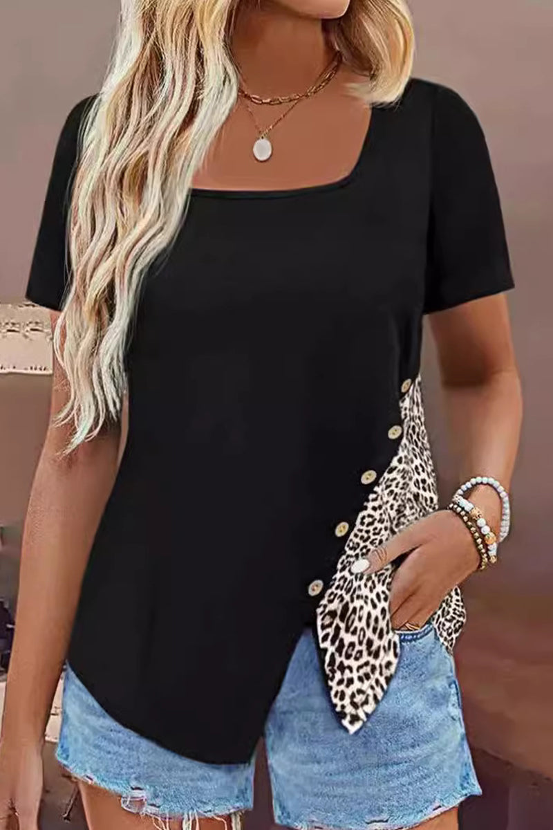 Casual Leopard Patchwork Buttons Square Collar T-Shirts