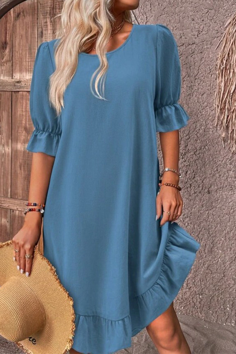 Casual Solid Flounce O Neck A Line Dresses