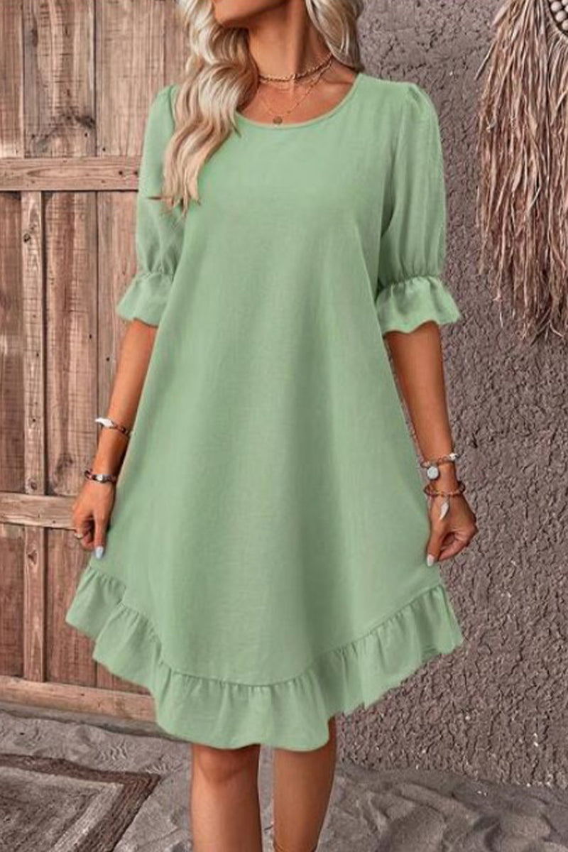 Casual Solid Flounce O Neck A Line Dresses