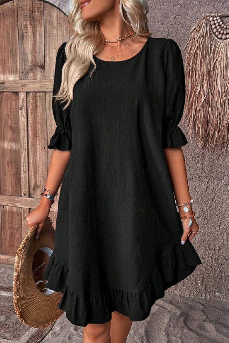 Casual Solid Flounce O Neck A Line Dresses