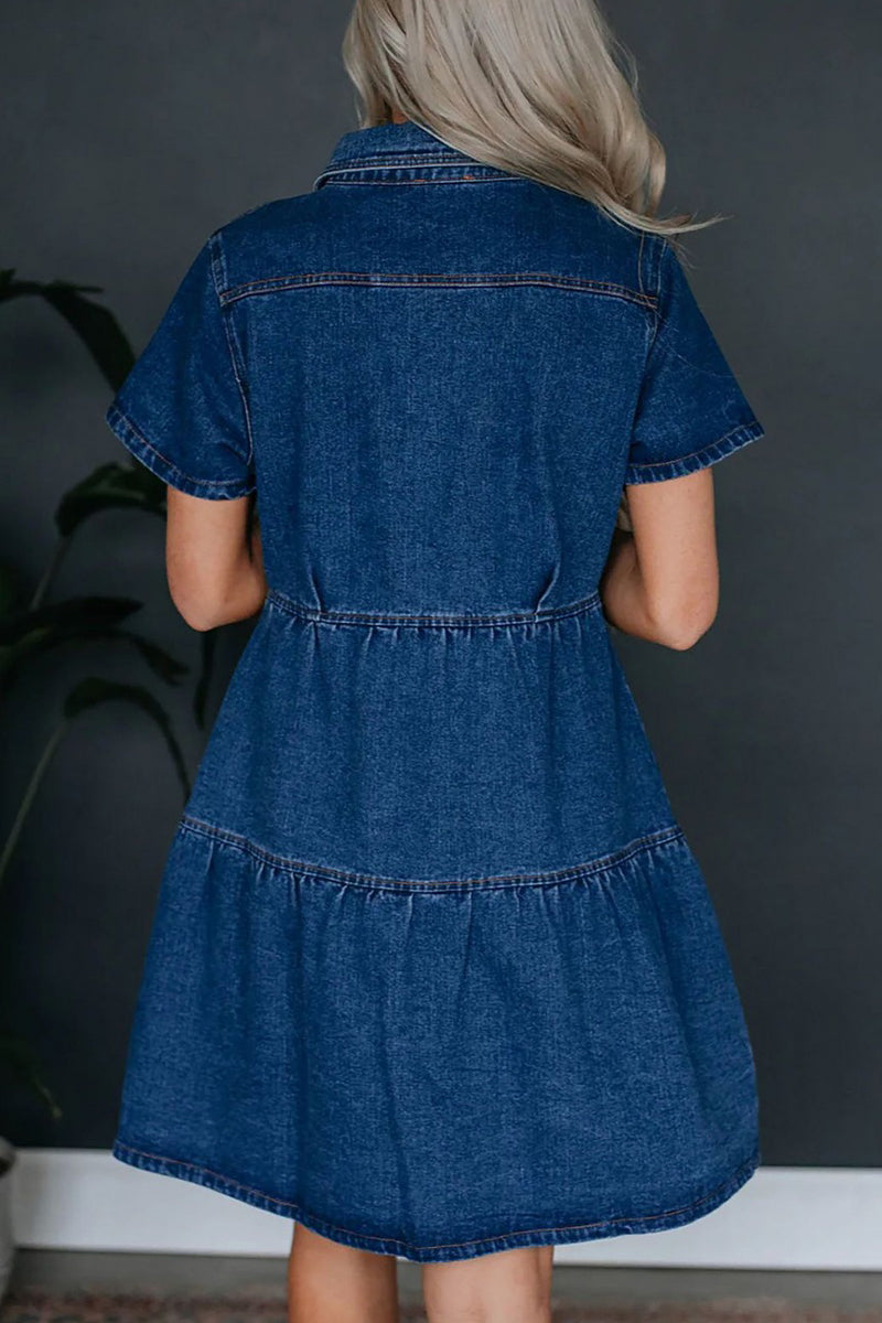 Casual Solid Pocket Buckle Turndown Collar Short Sleeve Loose Denim Dresses