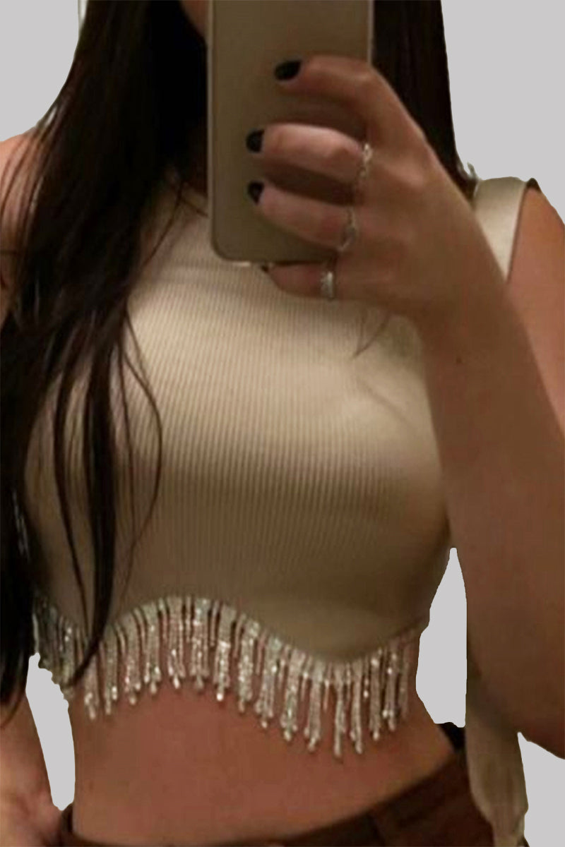 Sexy Solid Tassel Beaded O Neck Tops