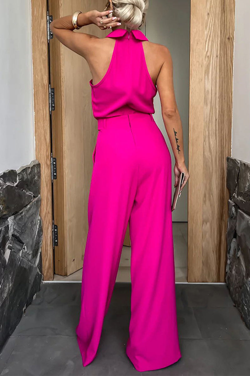 Casual British Style Solid Pocket Zipper Halter Jumpsuits