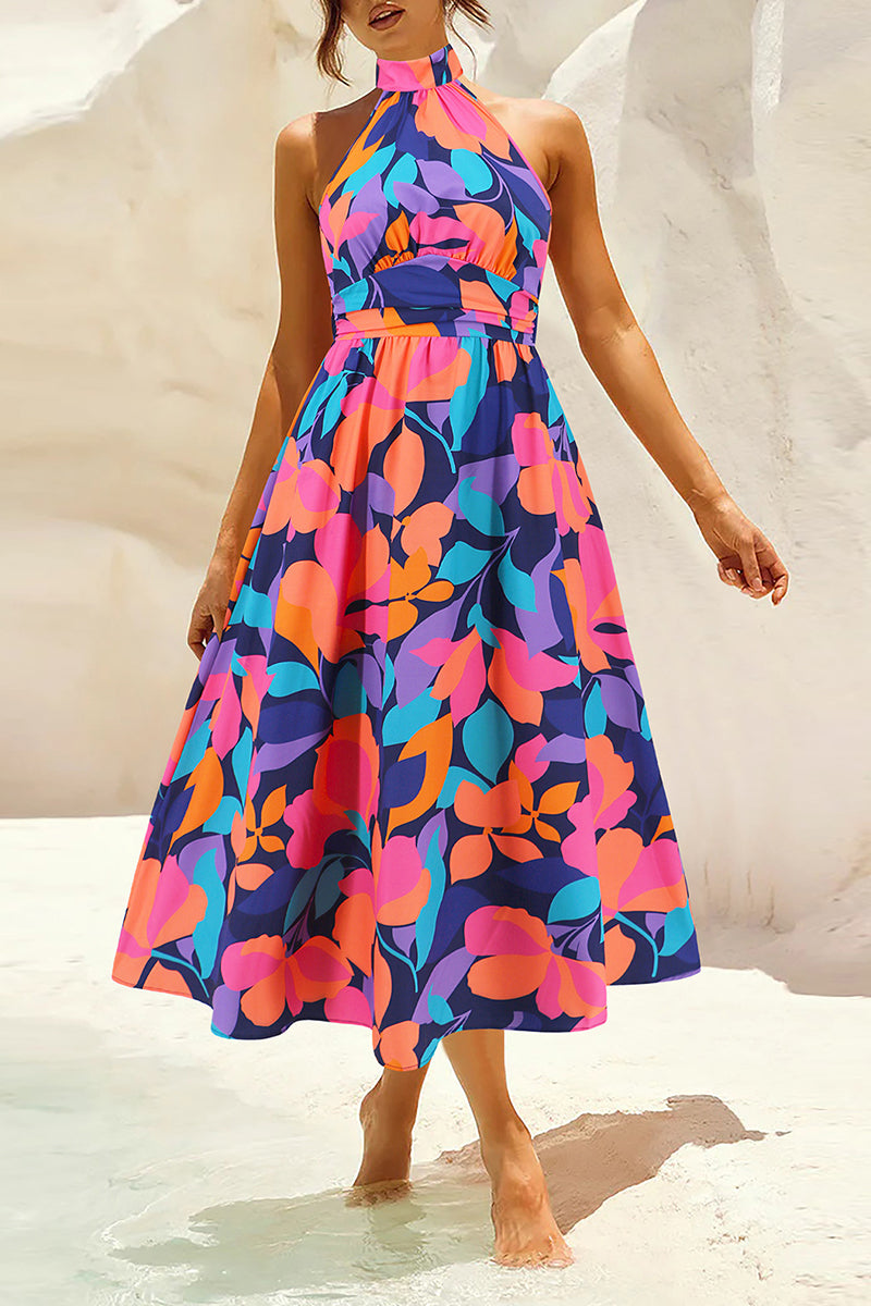 Bohemian Elegant Floral Contrast Mandarin Collar Printed Dresses