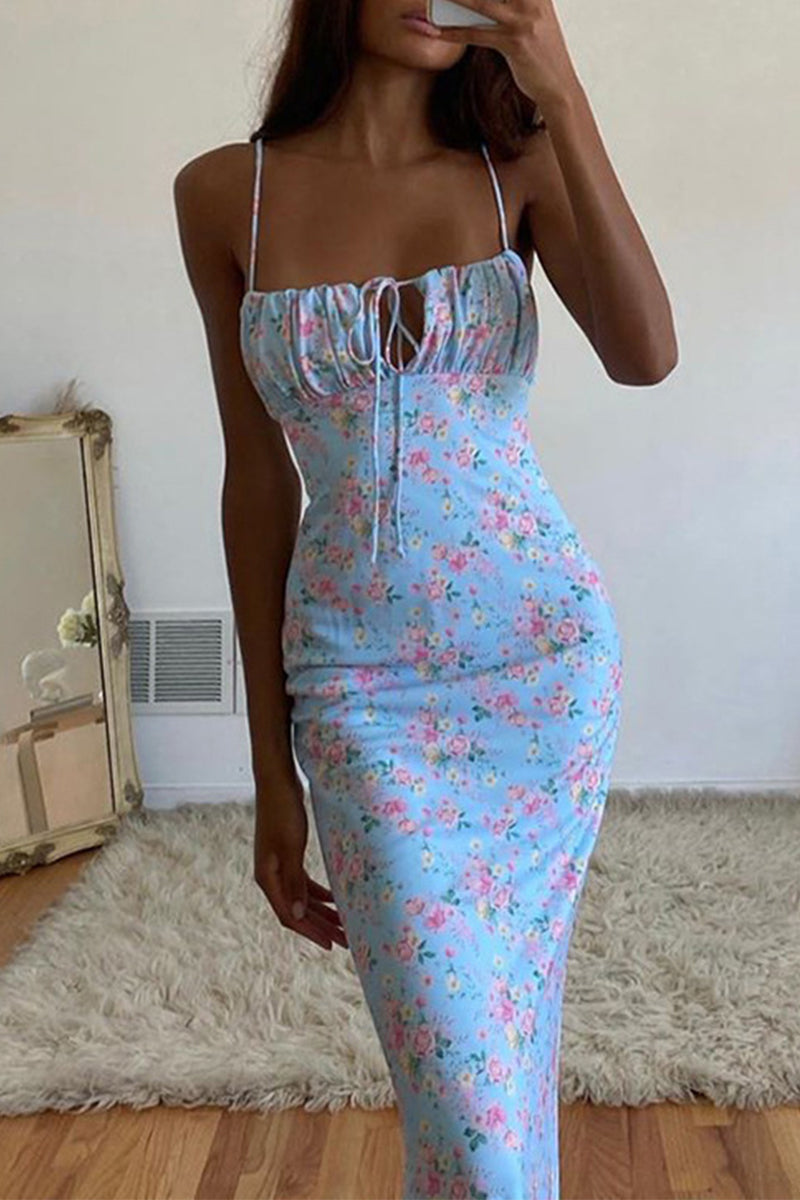 Sexy Vintage Print Flowers Frenulum Backless Square Collar One Step Skirt Dresses