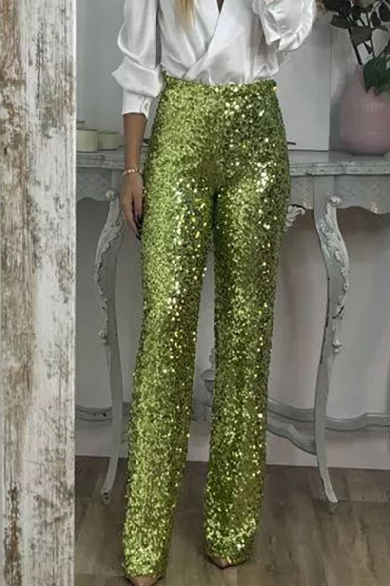 Casual Solid Sequins Sequined Straight High Waist Speaker Solid Color Bottoms