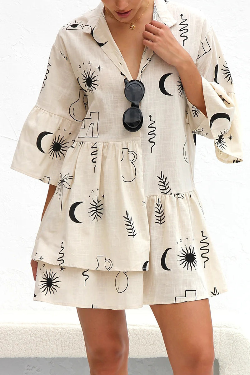 Casual Character Print Fold Turndown Collar Irregular Dresses