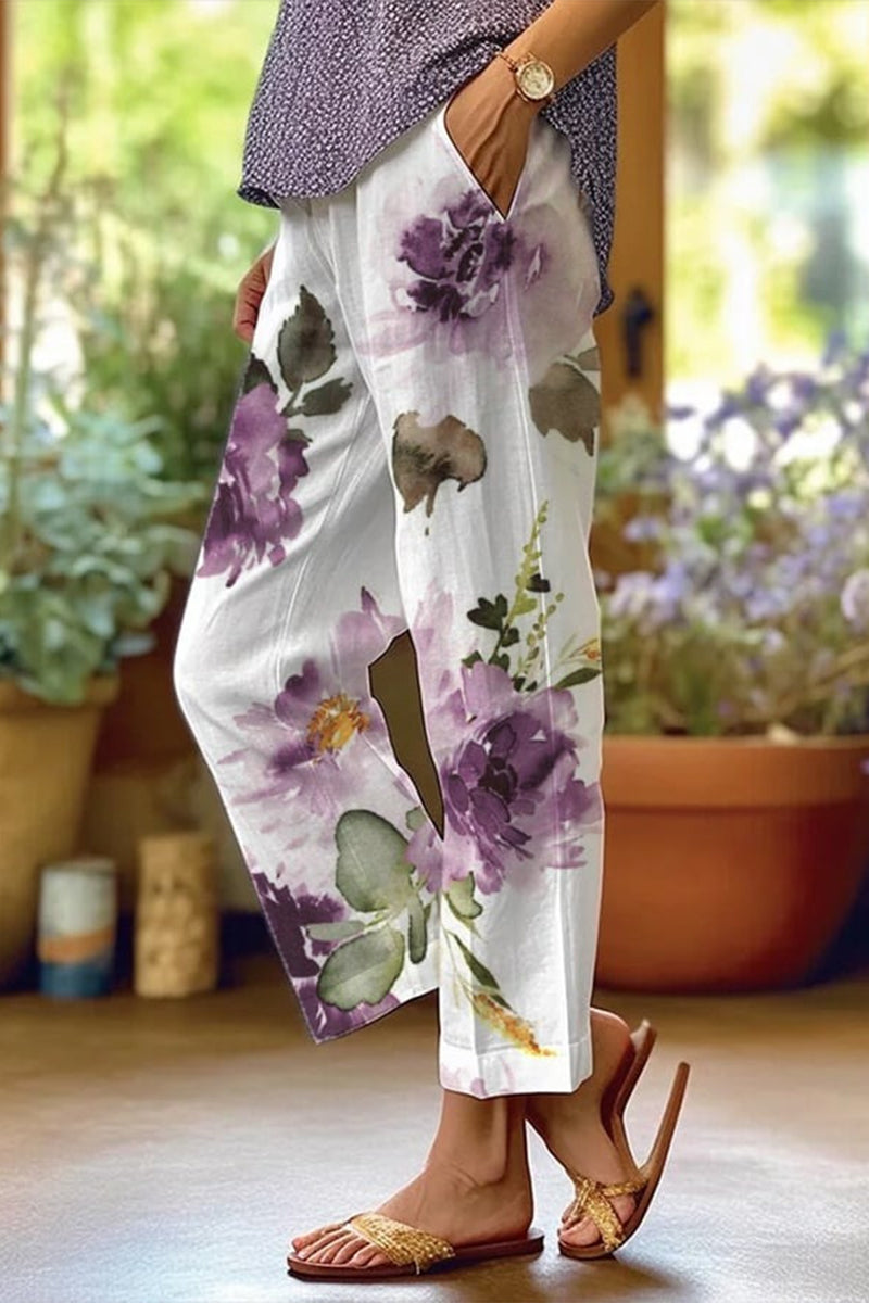 Casual Floral Patchwork Loose Mid Waist Straight Full Print Bottoms