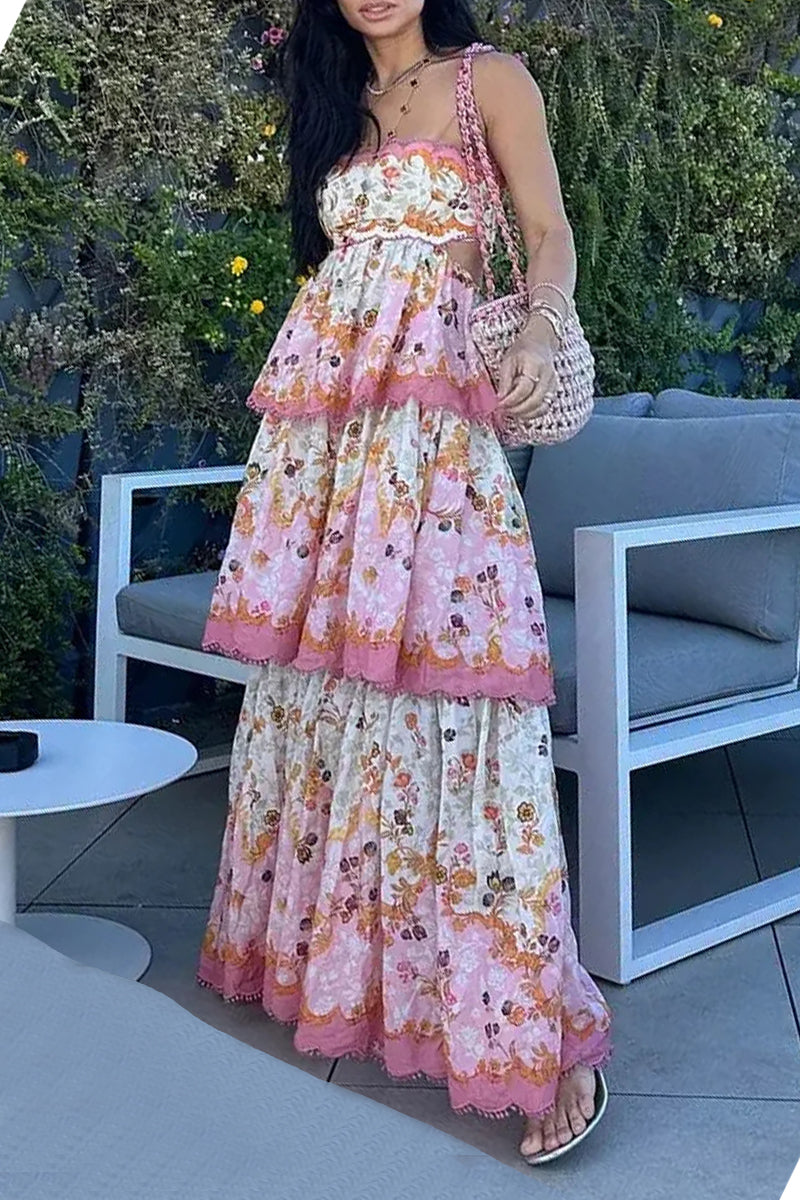 Casual Floral Print Ruffle Strapless Cake Skirt Dresses