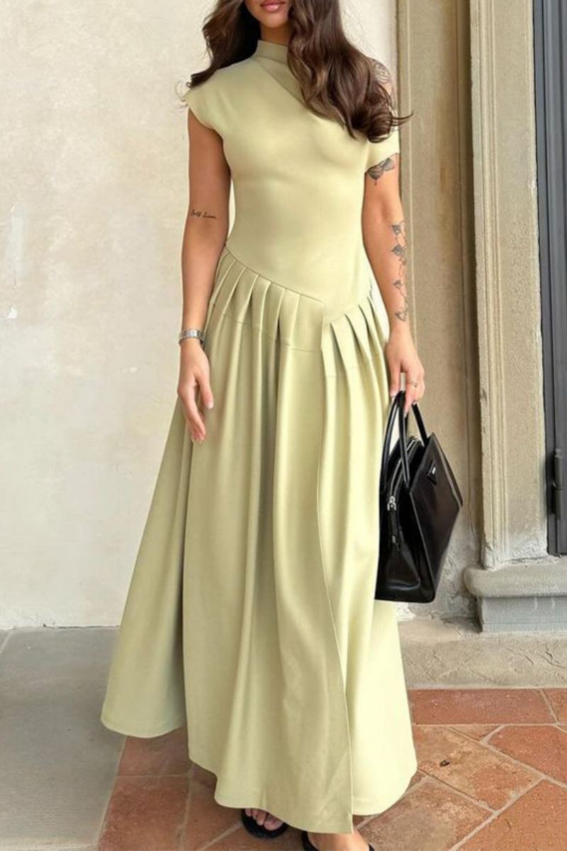 Casual Solid Color Ruched Half A Turtleneck Long Dresses