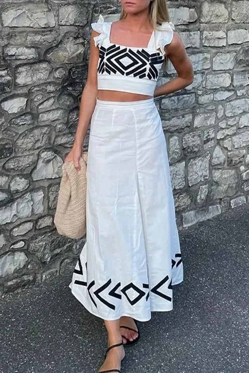 Casual Vacation Geometric Print Ruffle Square Neck Two Pieces