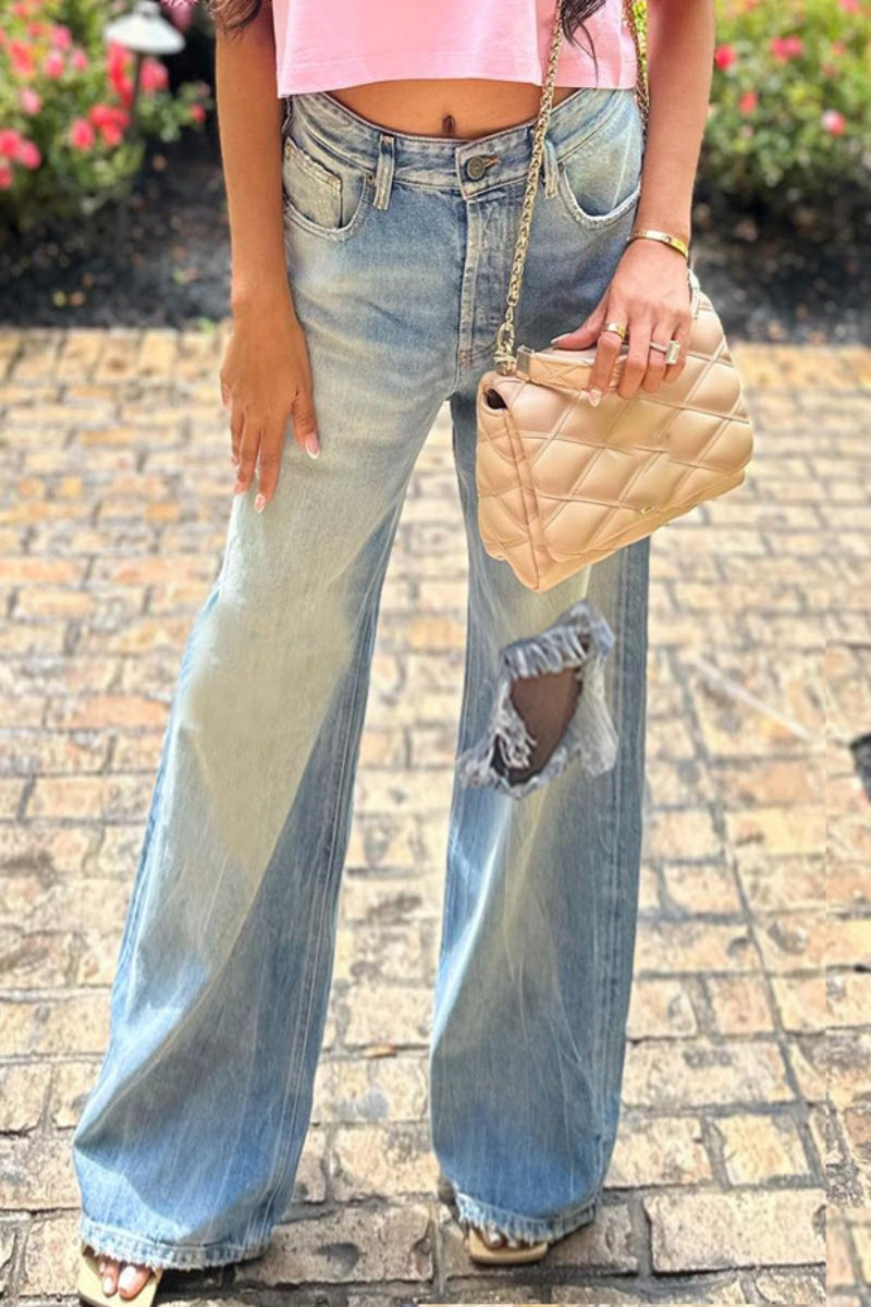 Casual Solid Color Ripped High Waist Straight Denim Jeans