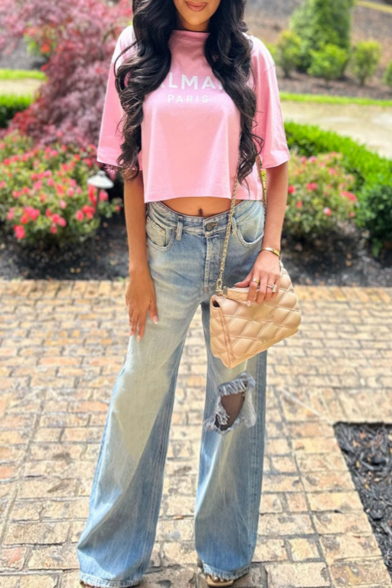 Casual Solid Color Ripped High Waist Straight Denim Jeans