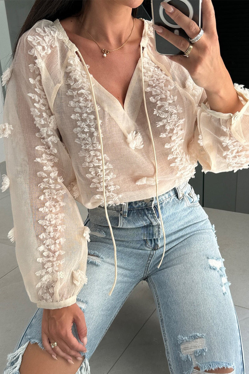 Sexy Jacquard Solid Color Lace Up See-Through V Neck Tops