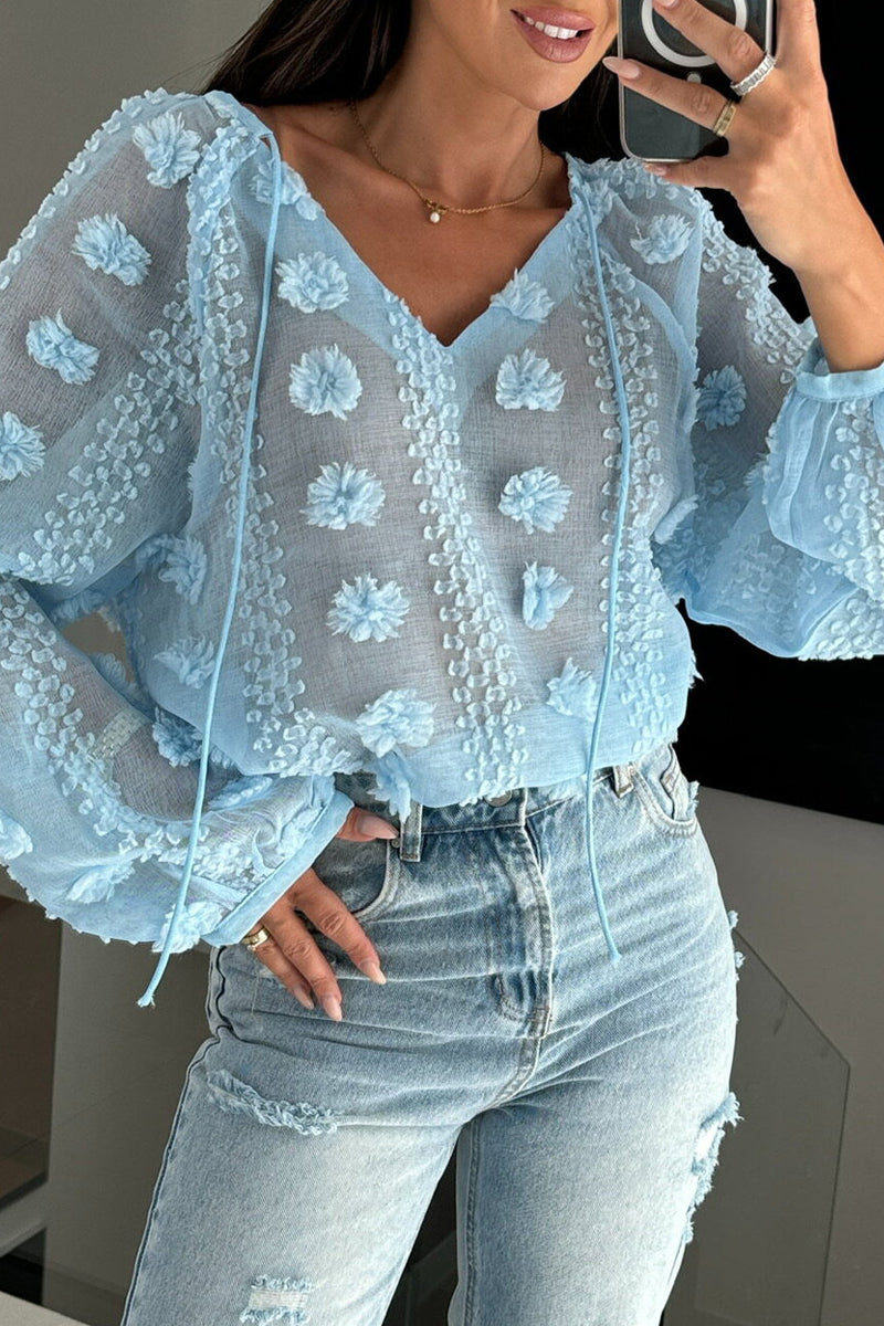 Sexy Jacquard Solid Color Lace Up See-Through V Neck Tops