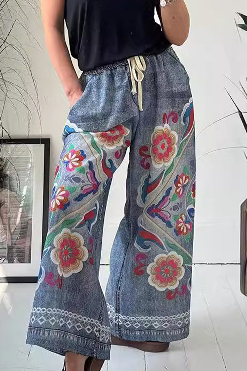 Casual Street Graffiti Print Flowers Print Pocket Loose High Waist Wide Leg Full Print Bottoms