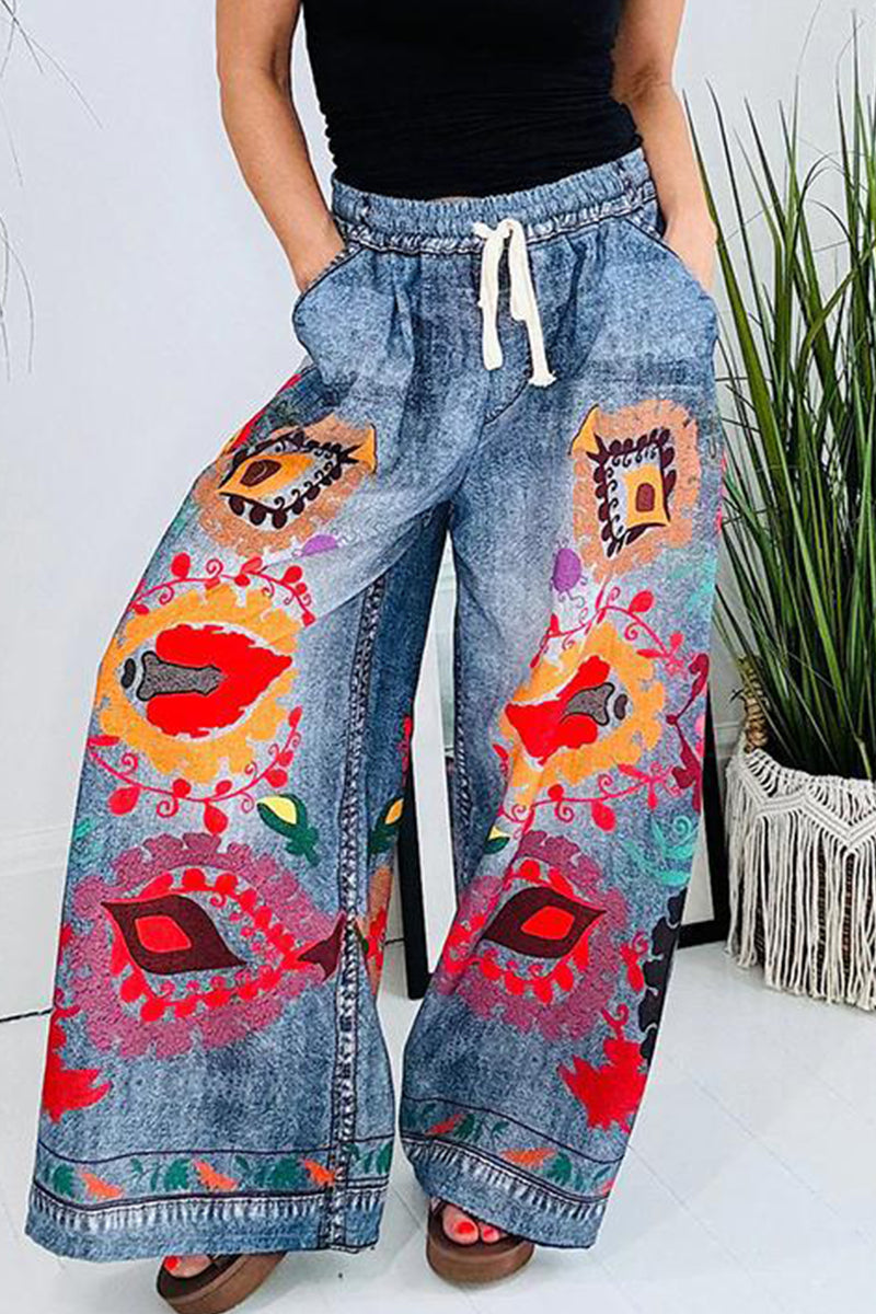 Casual Street Graffiti Print Flowers Print Pocket Loose High Waist Wide Leg Full Print Bottoms