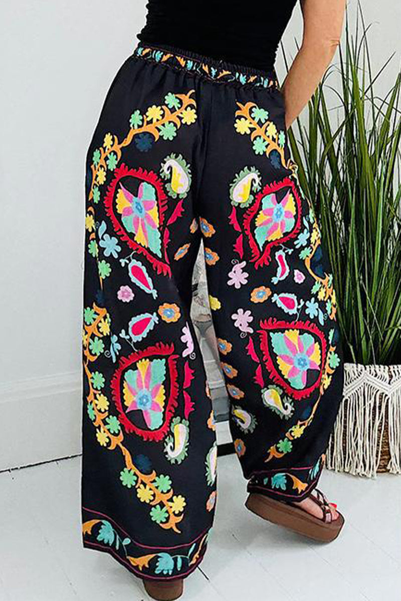 Casual Street Graffiti Print Flowers Print Pocket Loose High Waist Wide Leg Full Print Bottoms