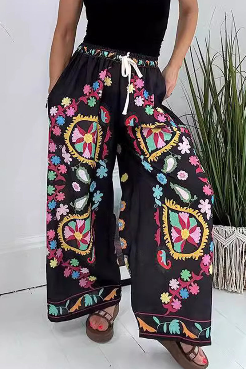 Casual Street Graffiti Print Flowers Print Pocket Loose High Waist Wide Leg Full Print Bottoms