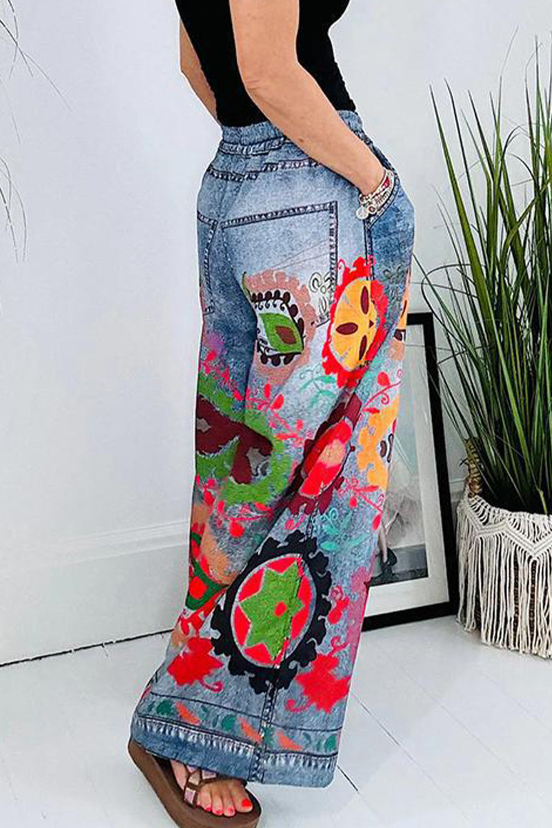 Casual Street Graffiti Print Flowers Print Pocket Loose High Waist Wide Leg Full Print Bottoms