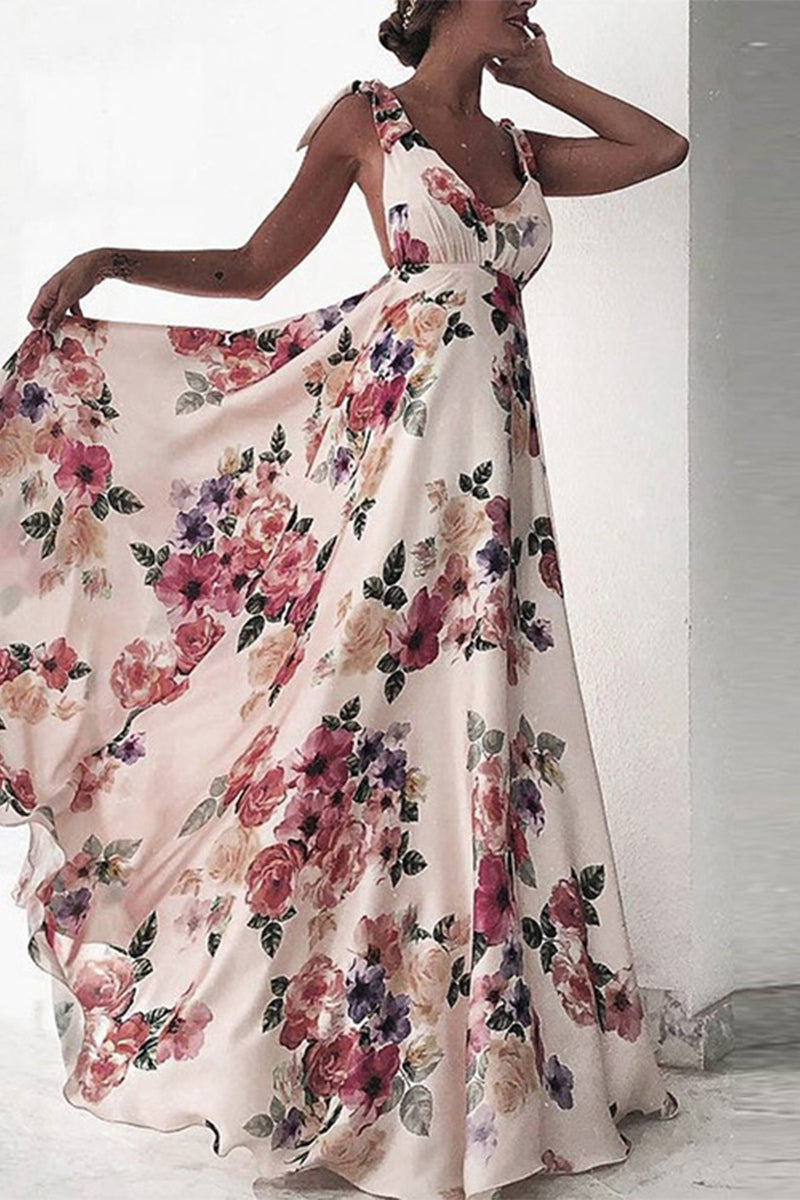 Sexy Floral Print Backless V Neck Sling Dresses