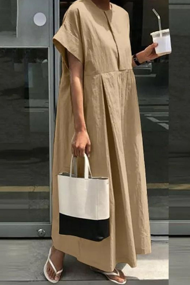 Casual Solid Color Patchwork O Neck Long Dresses(4 Colors)