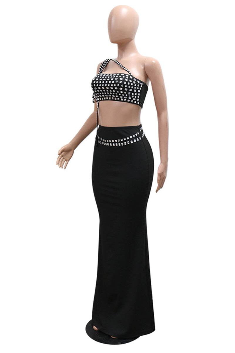 Sexy Patchwork Backless Rhinestone Decor Oblique Collar Sleeveless Two Pieces