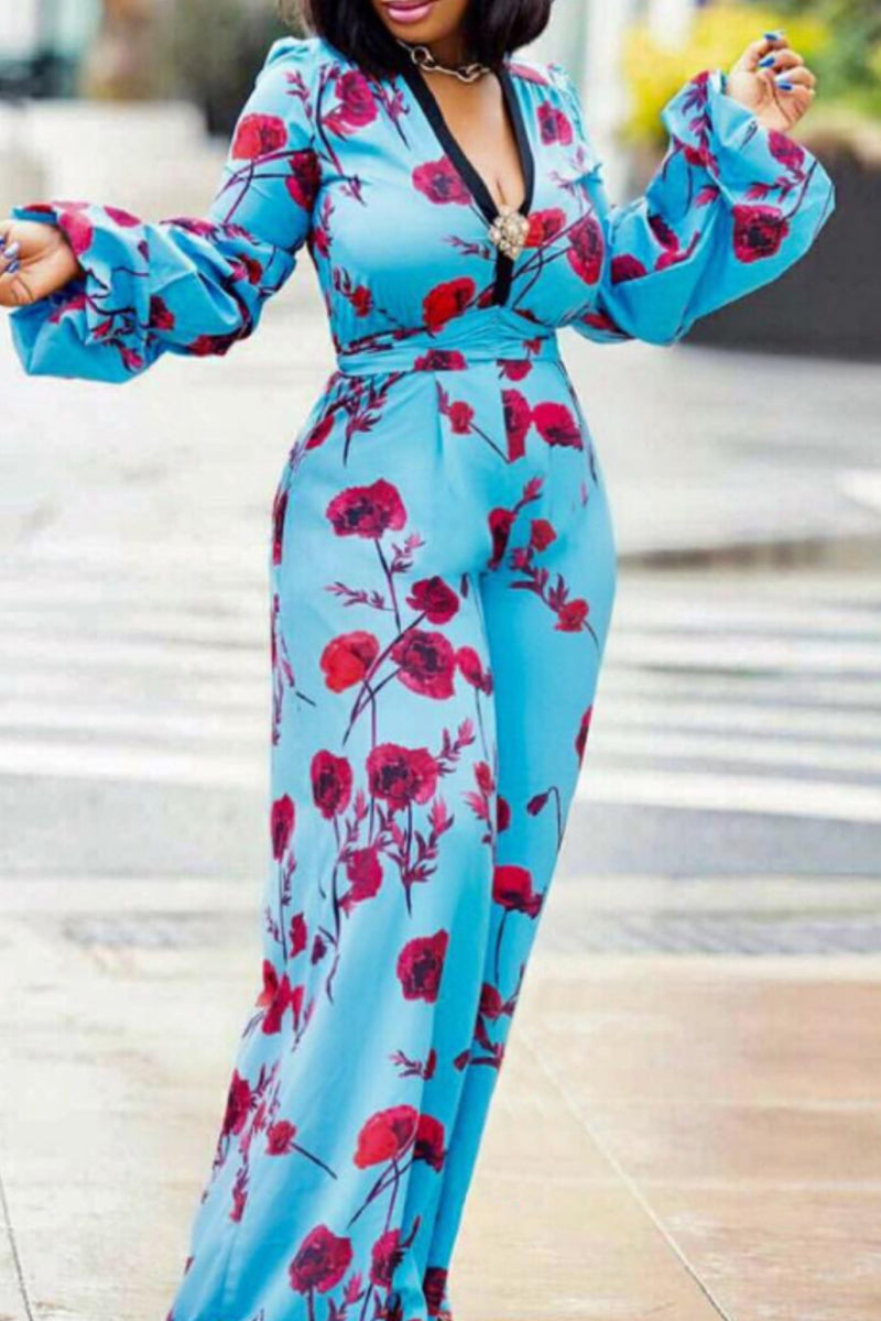 Celebrities Print Patchwork V Neck Loose Jumpsuits