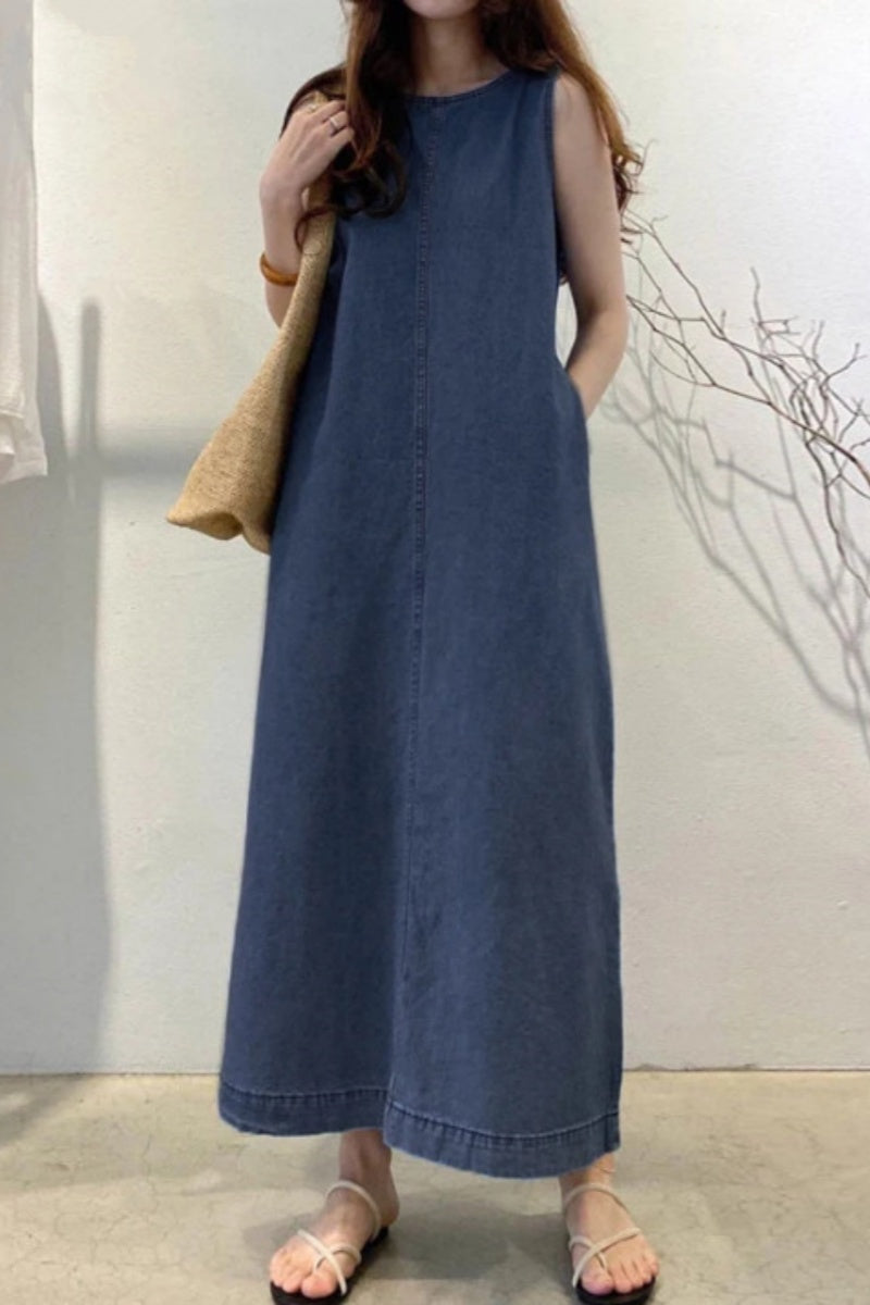 Casual Solid Color Pocket O Neck Sleeveless Regular Denim Dresses(3 Colors)