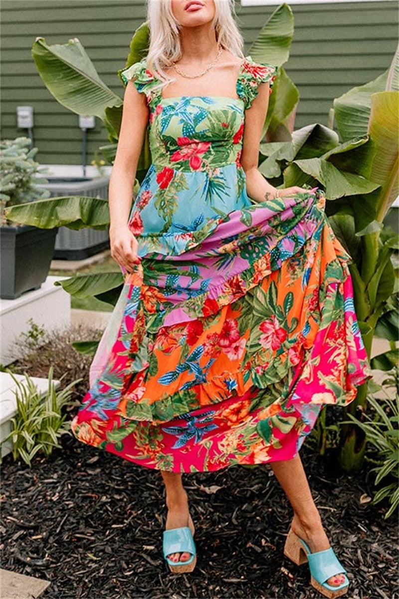 Casual Floral Print Patchwork Backless Square Neck Long Dresses