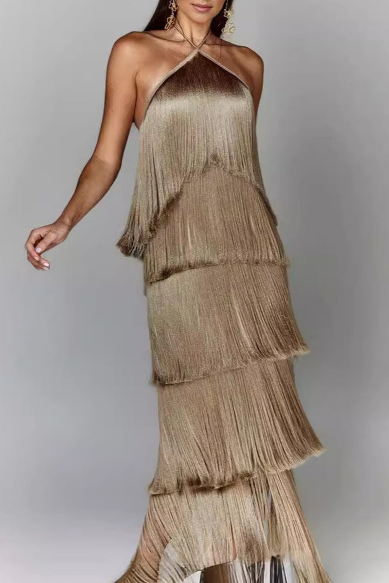 Sexy Fringed Trim Backless Halter Sleeveless Dresses(4 Colors)