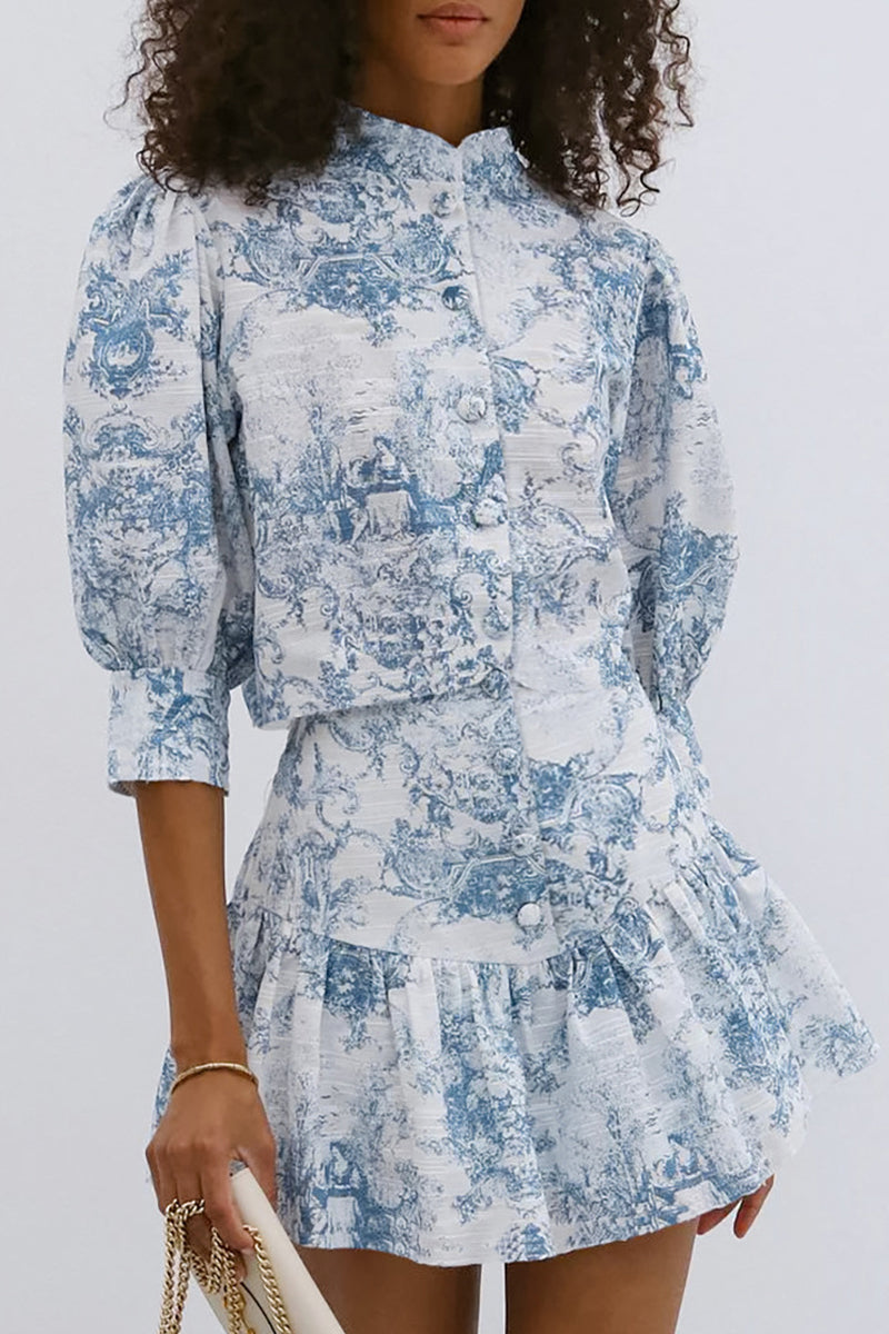 Elegant Gradient Print Buckle Contrast Mandarin Collar Half Sleeve Two Pieces