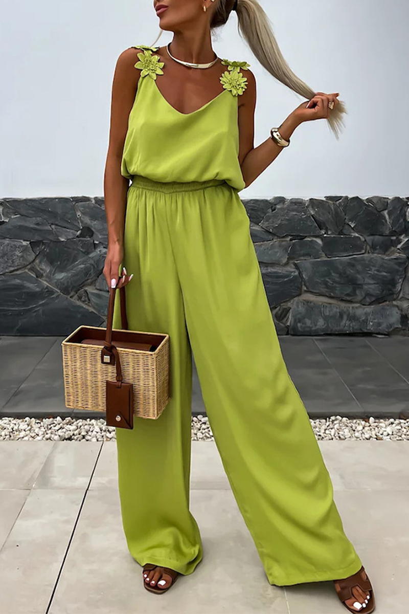 Casual Daily Solid Color Pocket Flower Shape V Neck Loose Jumpsuits(3 Colors)