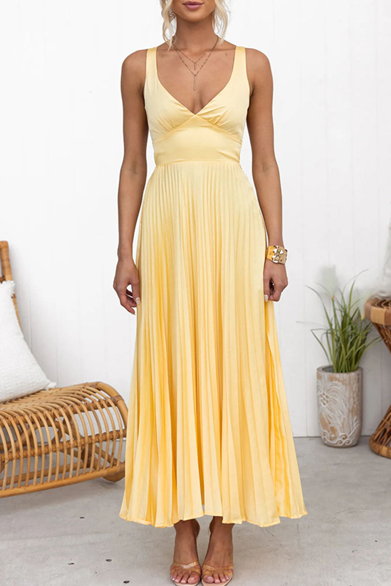 Sexy Solid Color Pleated V Neck Sleeveless Dresses