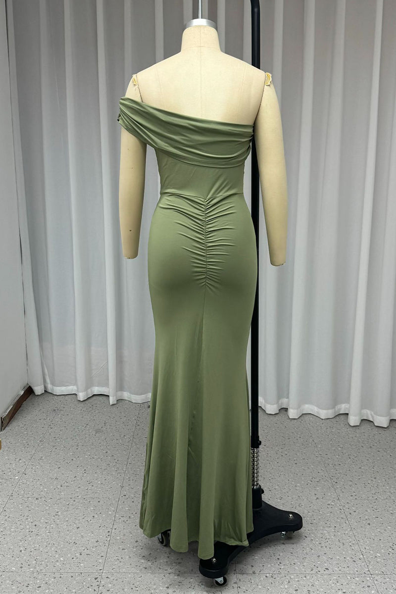 Sexy Prom Solid Color Slit Ruched Sloping Shoulder Evening Dresses