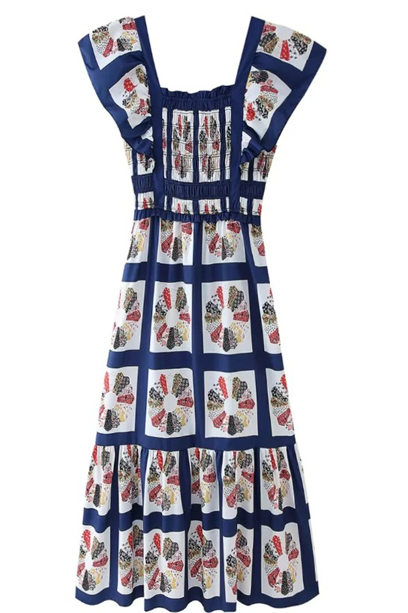 Sexy Geometric Print Patchwork Bow Decor Contrast Square Neck One Step Skirt Dresses