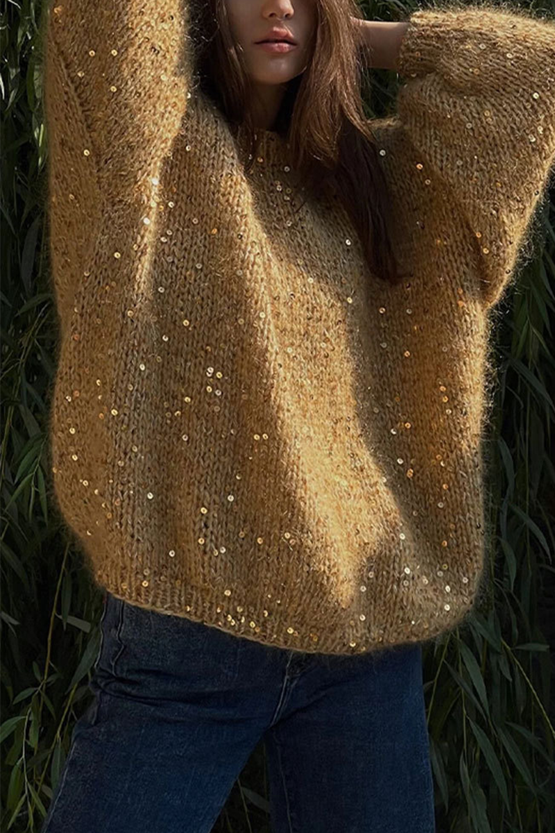 Casual Solid Color Sequins O Neck Sweaters(3 Colors)