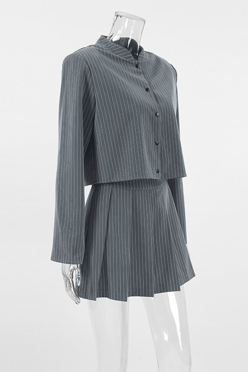 Casual Stripe Buttons Patchwork Pleated Mandarin Collar Long Sleeve Two Pieces